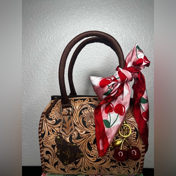 Floral Brown Handbag with Red Cherry Scarf